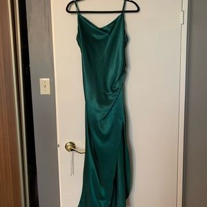 Green, silk-style dress worn once excellent condition perfect for wedding season